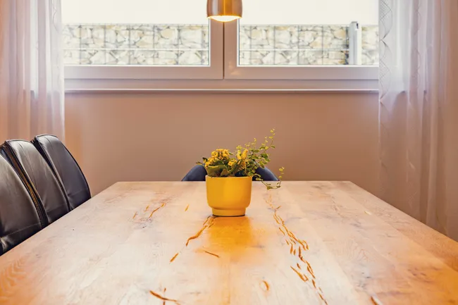 Besprechungstisch aus Holz mit kleinem Blumentopf